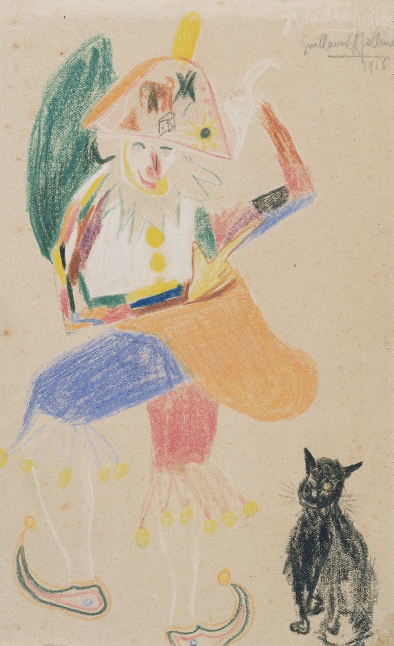 Clown in einem Zweispitz mit einer Katze, Zeichnung gewidmet Andre Rouveyre, 1916 von Guillaume Apollinaire