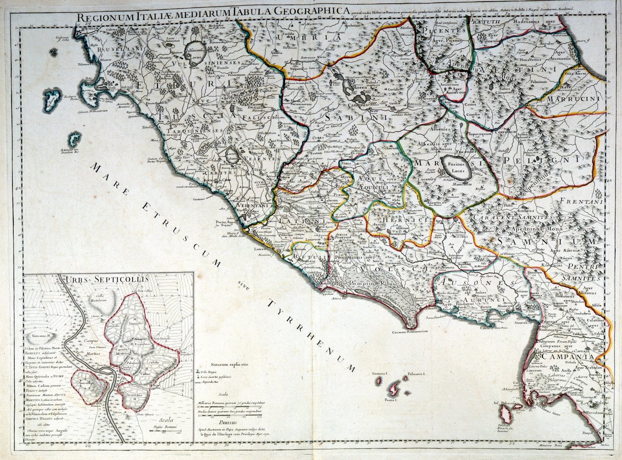 Historische Karte der italienischen Region, in der die Etrusker lebten, nach dem Atlas von G. Delysle von Guillaume (after) Delisle