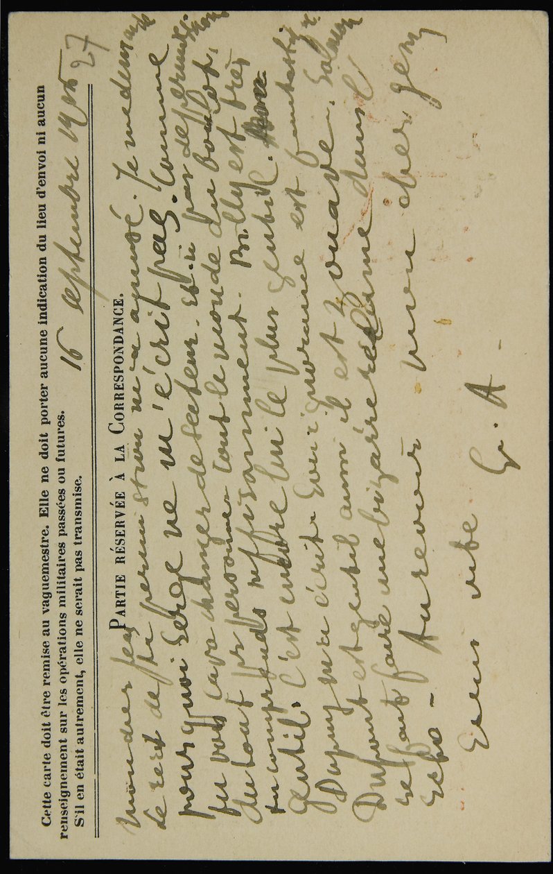 Autographierte Postkarte an Jean Mollet, datiert 16. September 1915 von Guillaume Apollinaire