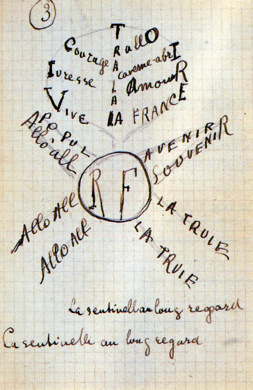Kalligramm von Guillaume Apollinaire - in „Du coton dans les oreilles“, handschriftliches Manuskript von 17 Blättern von Guillaume Apollinaire