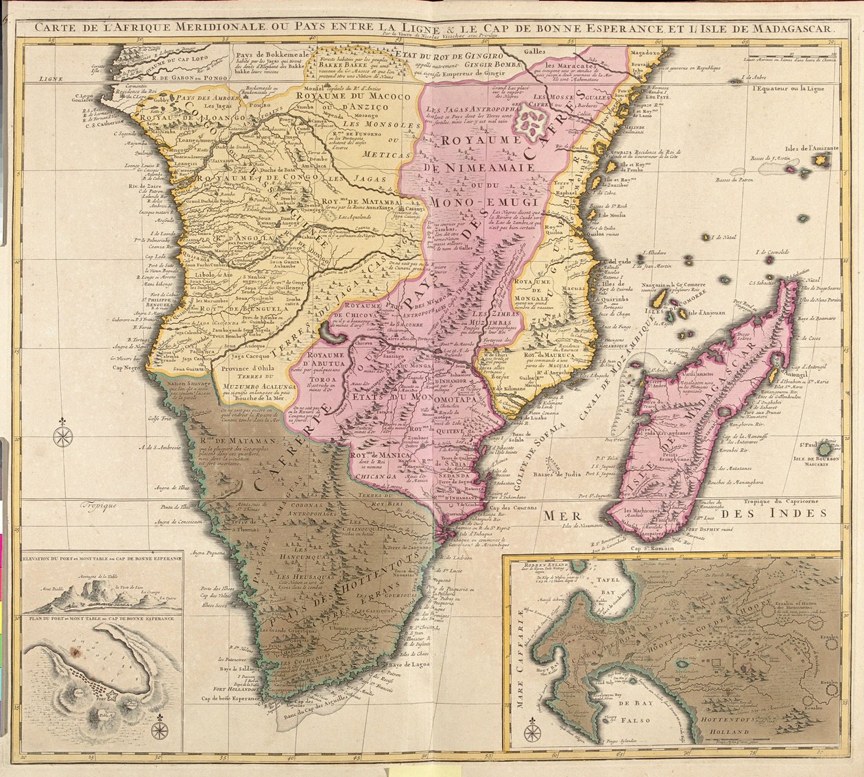 Karte von Südafrika (Angola, Namibia, Sambia, Simbabwe, Mosambik, Südafrika) mit der Insel Madagaskar von Guillaume Delisle