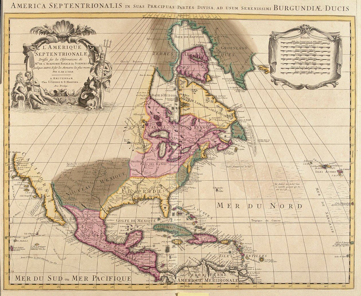 Karte von Nordamerika (Grönland, Kanada, USA, Mexiko und die Karibischen Inseln: Kuba, Haiti, Jamaika, Westindische Inseln) von Guillaume Delisle