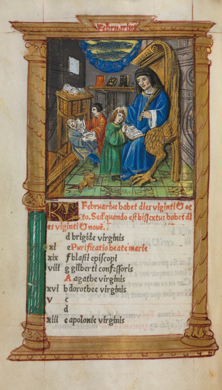 Gedrucktes Stundenbuch (Gebrauch von Rom): fol. 3v, Februar Kalenderillustration von Guillaume Le Rouge
