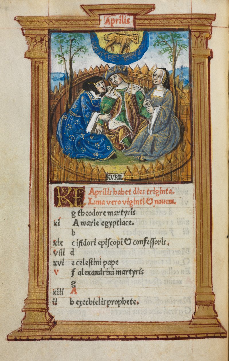 Gedrucktes Stundenbuch (Gebrauch von Rom): fol. 5v, April-Kalenderillustration von Guillaume Le Rouge