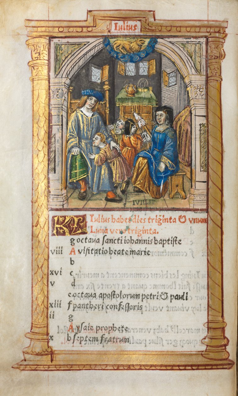 Gedrucktes Stundenbuch (Gebrauch von Rom): fol. 8v, Juli Kalenderillustration von Guillaume Le Rouge