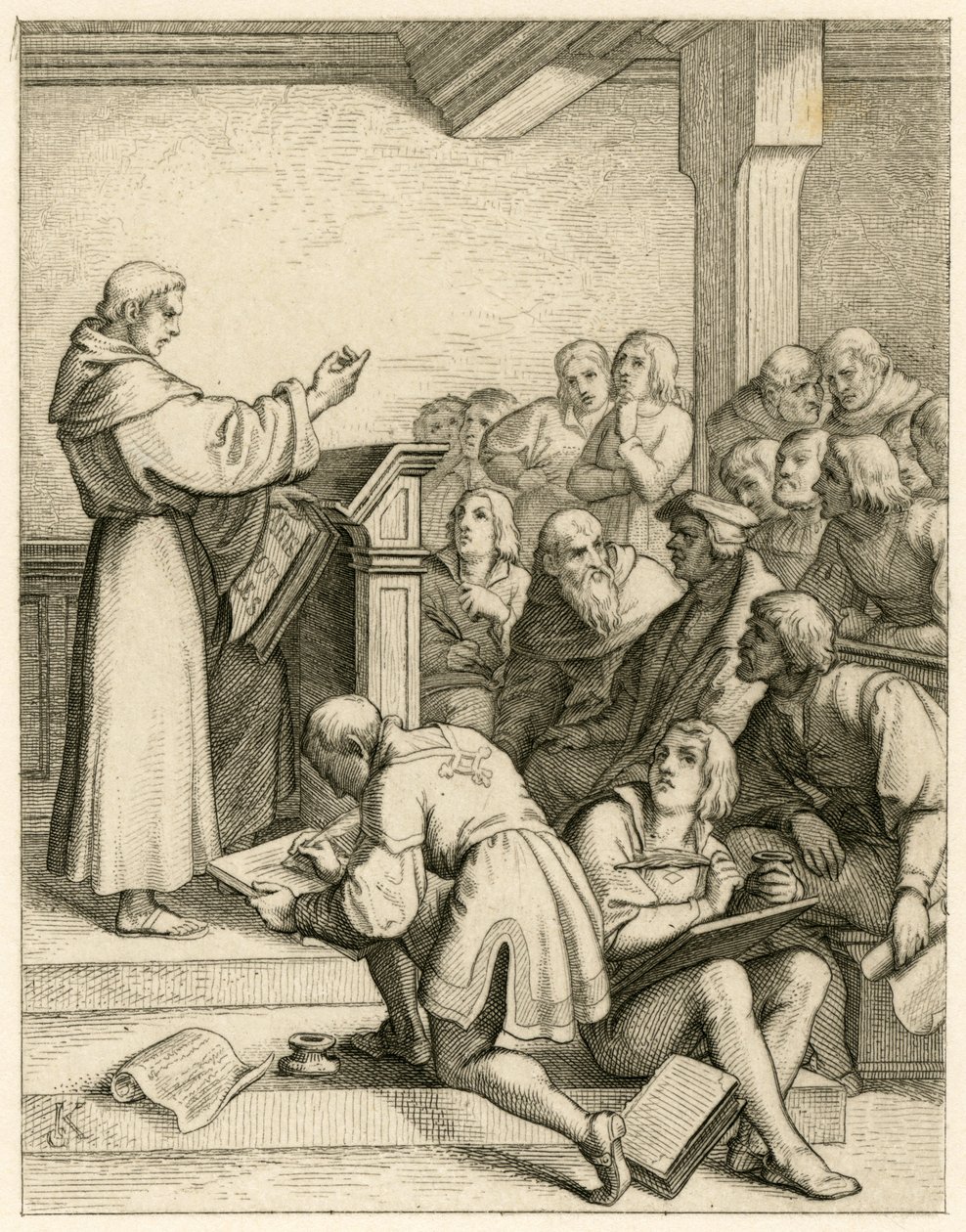 Martin Luther hält Vorlesungen an der Universität Wittenberg, vor ihm der Vizekanzler Dr. Pollich und sein väterlicher Freund Johann von Staupitz (1460-1524) von Gustav Ferdinand Leopold Konig