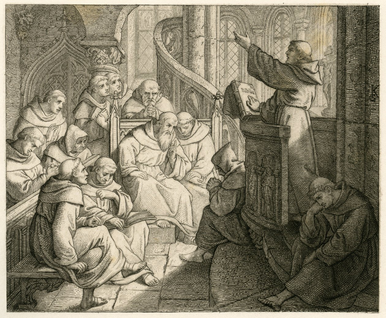 Martin Luther predigt im Kloster, vor Staupitz, seinem väterlichen Freund von Gustav Ferdinand Leopold Konig