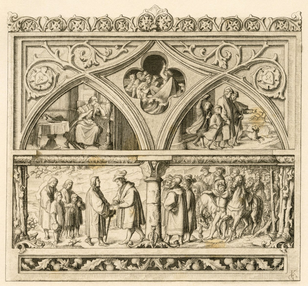 Die Reise von Martin Luther zum Grafen Mansfeld (Hoyer VI. von Mansfeld-Vorderort (1477-1540); Bild oben links: die traurige Katharina, in der Mitte: der wütende Saale-Fluss, rechts: Luther zusammen mit seinen Söhnen. Bild unten: Luther und Graf von Gustav Ferdinand Leopold Konig