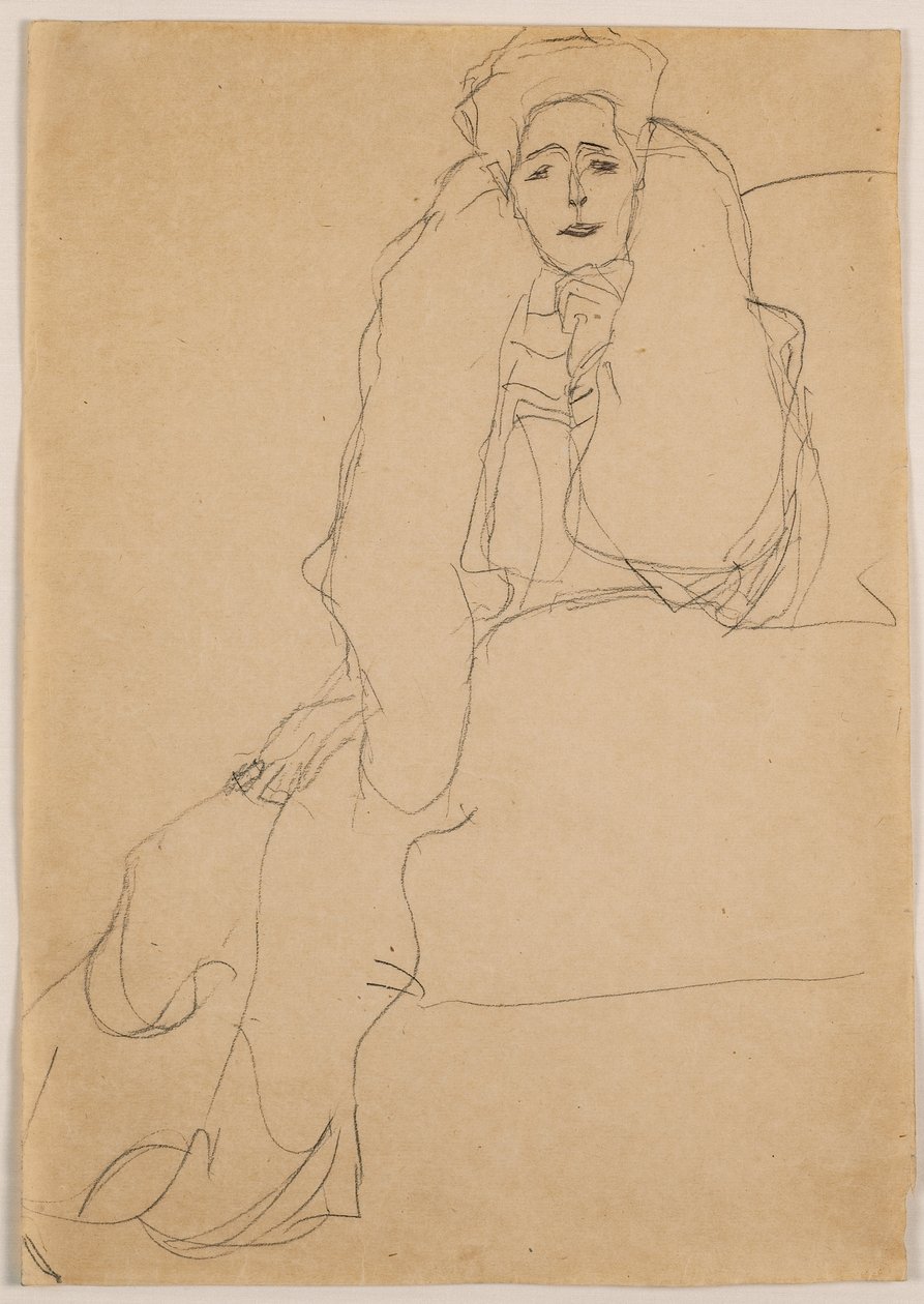Sitzend nach links, den Oberkörper nach vorne, die Linke aufgestützt, 1904-1905 von Gustav Klimt