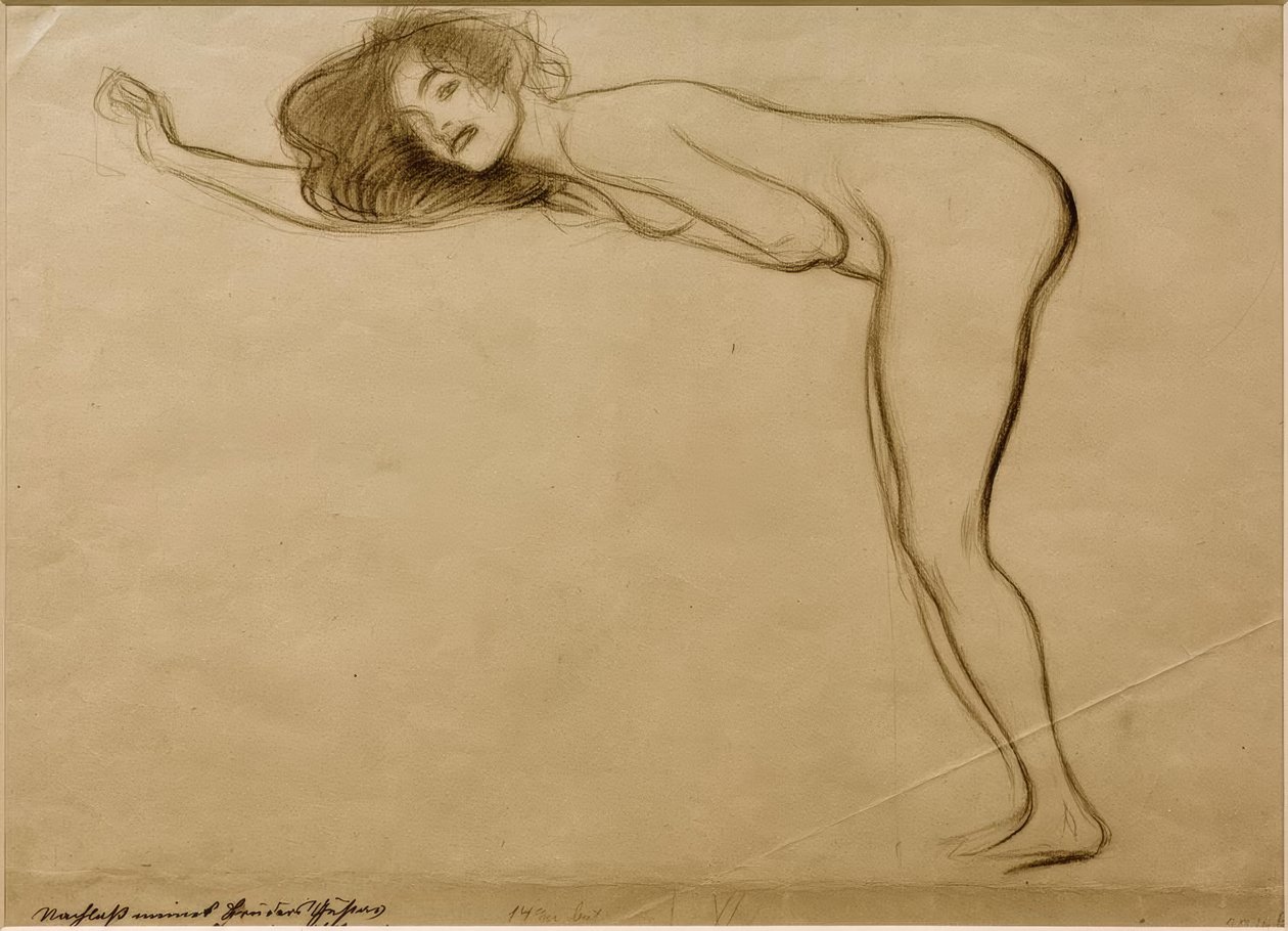 Stehender Mädchenakt mit vorgebeugtem Körper nach links von Gustav Klimt