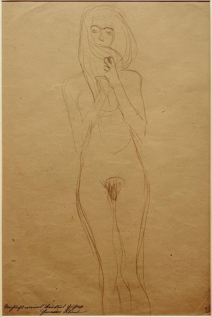 Stehender weiblicher Akt, den Mund durch Haare verdeckt von Gustav Klimt