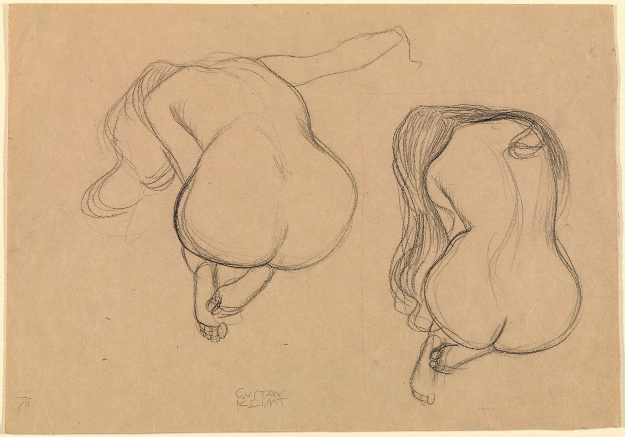 Zwei Studien eines sitzenden Aktes mit langem Haar von Gustav Klimt