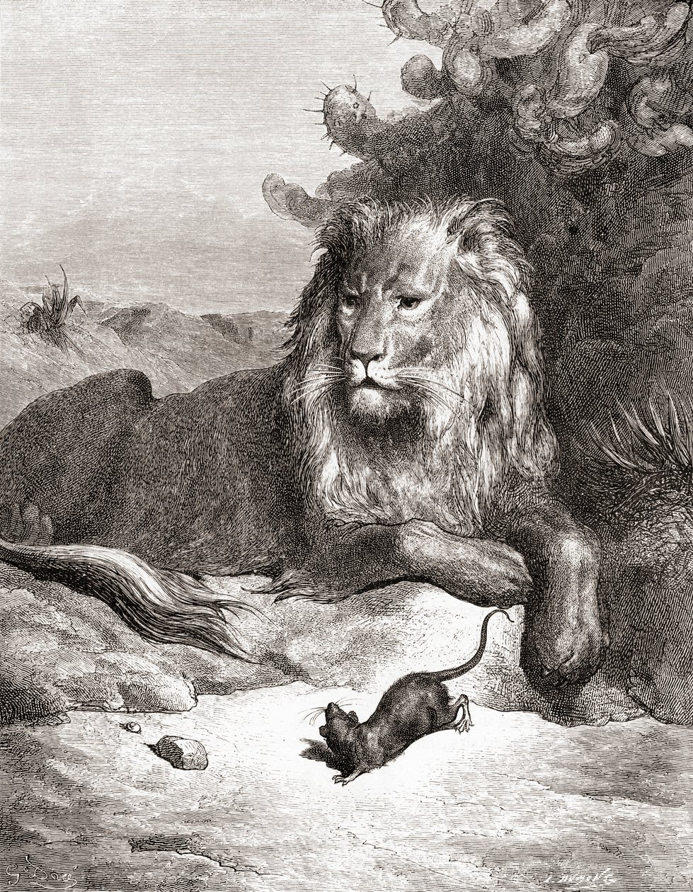 Der Löwe und die Maus, aus einer späten 19. Jahrhundert Ausgabe von Fables de La Fontaine von Gustave Dore