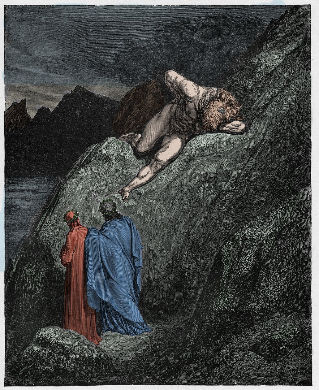 Inferno, Gesang 12: Der Minotaurus auf der zerklüfteten Klippe (Illustration aus Die Göttliche Komödie von Dante Alighieri, 1885) von Gustave after Dore