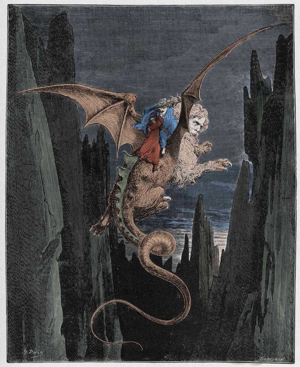 Inferno, Gesang 17: Der Abstieg in den Abgrund auf Geryons Rücken (Illustration aus Die Göttliche Komödie von Dante Alighieri, 1885) von Gustave after Dore