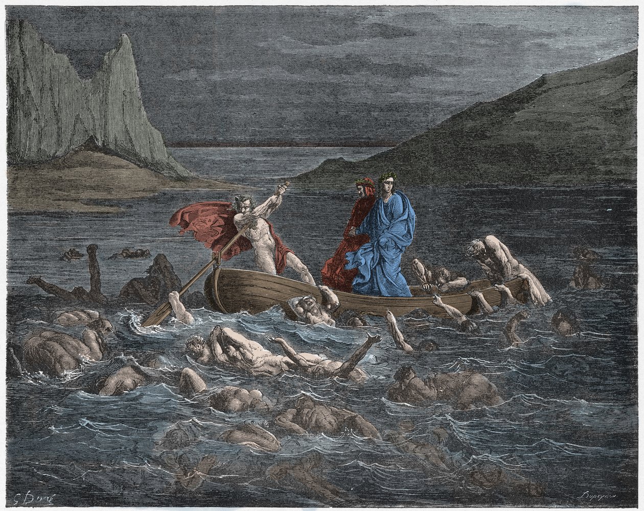 Inferno, Gesang 8: Phlegyas bringt Dante und Vergil über den Styx (Illustration aus Die Göttliche Komödie von Dante Alighieri, 1885) von Gustave after Dore