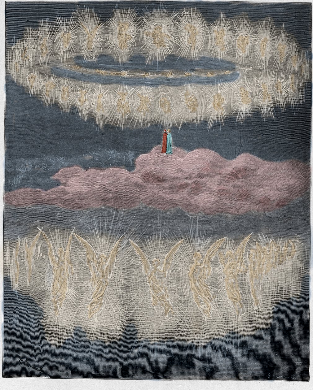 Paradiso, Gesang 12: Die Ringe der verherrlichten Seelen in der Sonne, Illustration aus Die Göttliche Komödie von Dante Alighieri, 1885 (digital kolorierte Gravur) von Gustave after Dore