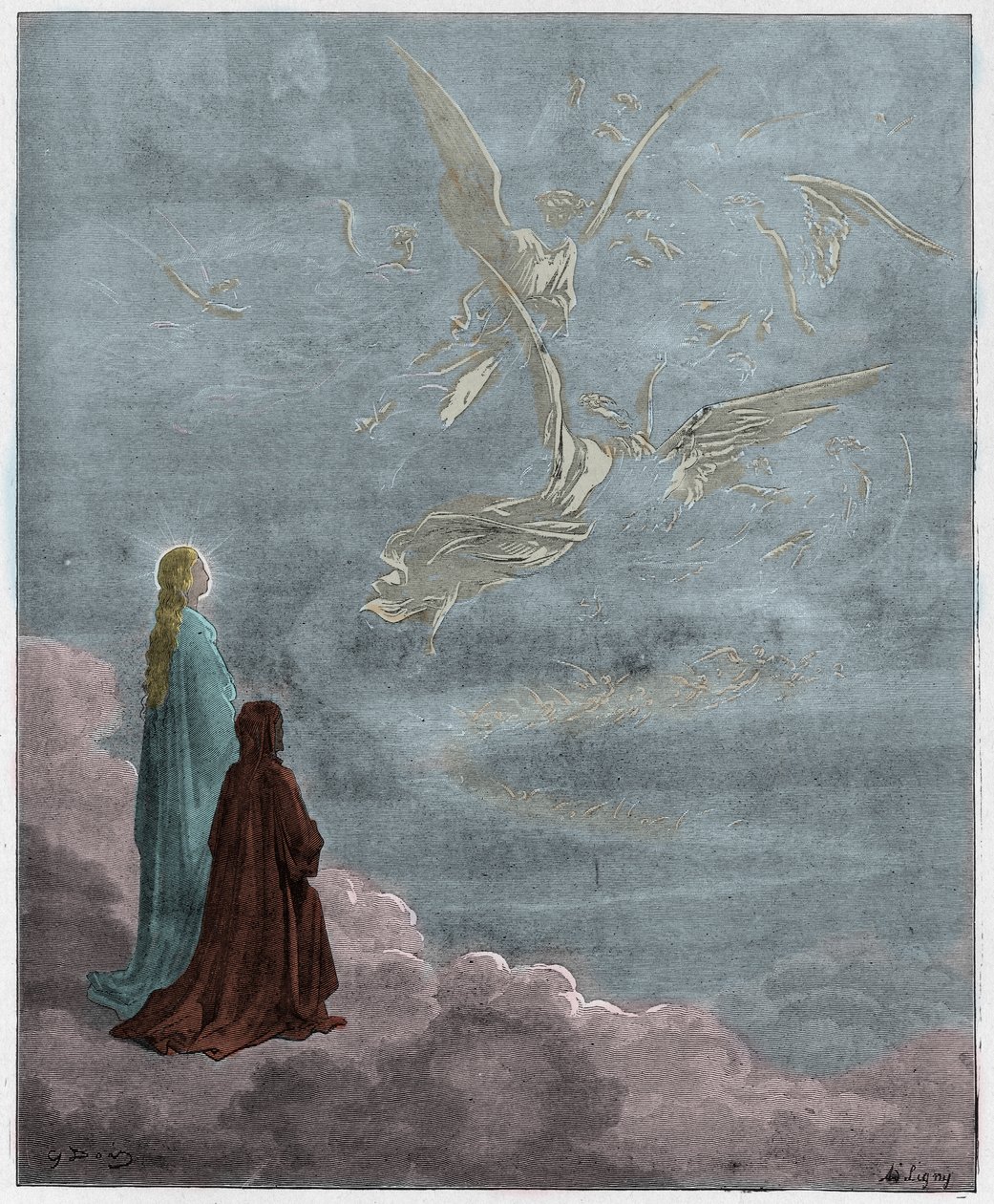 Paradiso, Gesang 18: Dante und Beatrice in die Sphäre des Jupiter versetzt, Illustration aus Die Göttliche Komödie von Dante Alighieri, 1885 (digital kolorierte Gravur) von Gustave after Dore