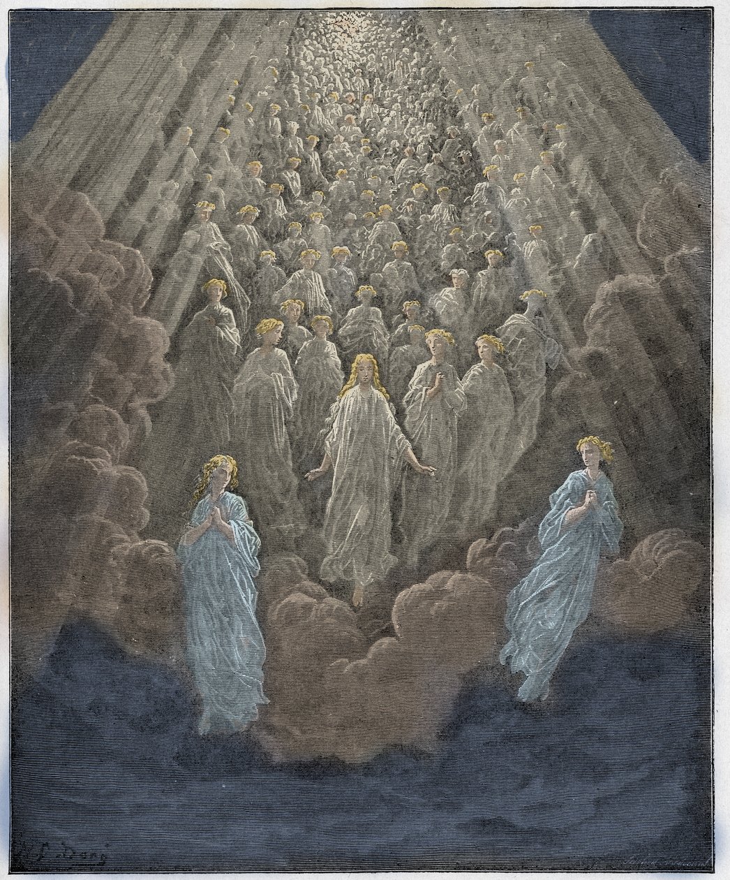 Paradiso, Gesang 5: Die Schar der unzähligen leuchtenden Seelen im zweiten Reich, Illustration aus Die Göttliche Komödie von Dante Alighieri, 1885 (digital kolorierte Gravur) von Gustave after Dore