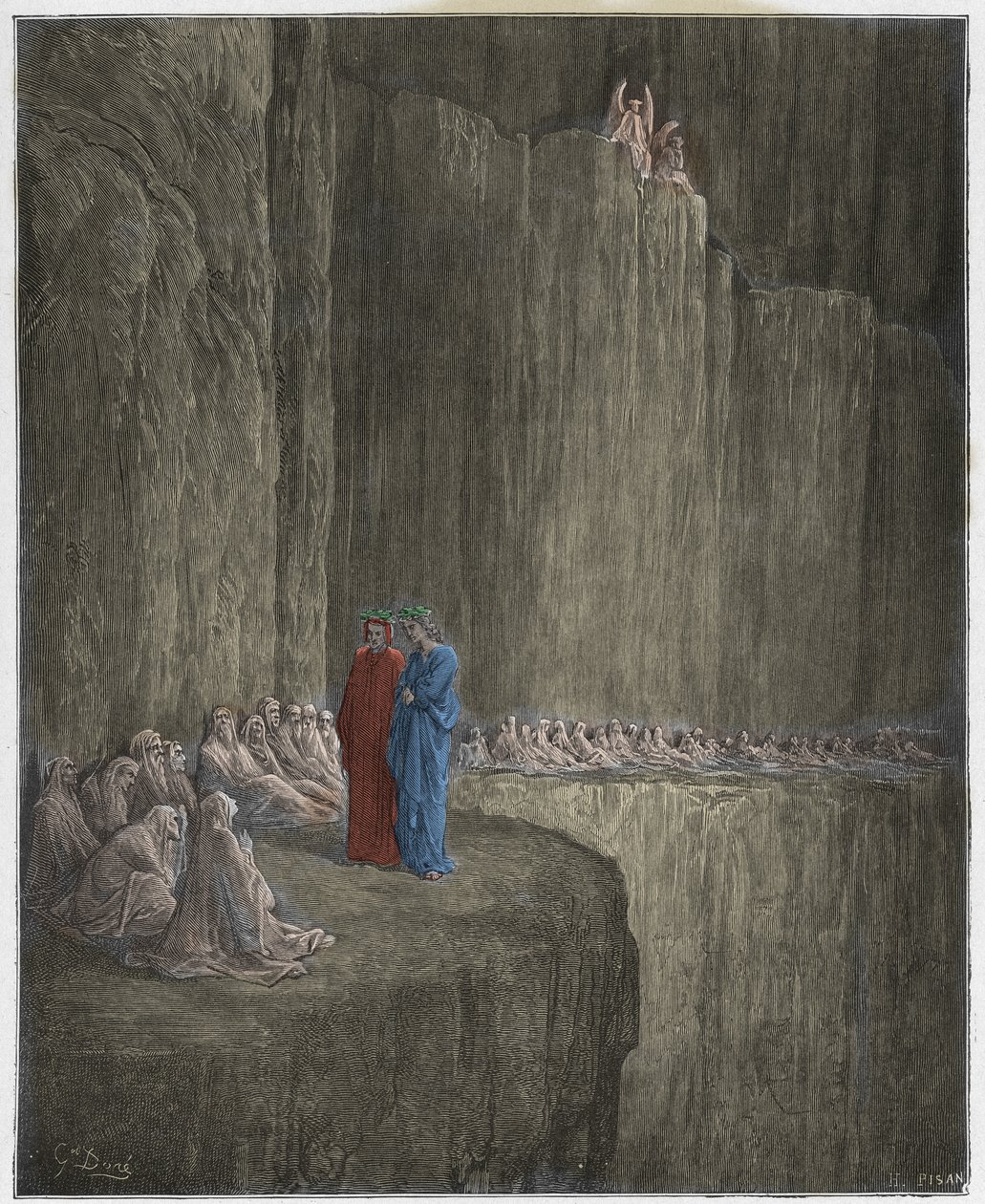 Purgatorio, Gesang 13: Sapia reinigt sein schuldiges Leben, Illustration aus Die Göttliche Komödie von Dante Alighieri, 1885 (digital kolorierte Gravur) von Gustave after Dore