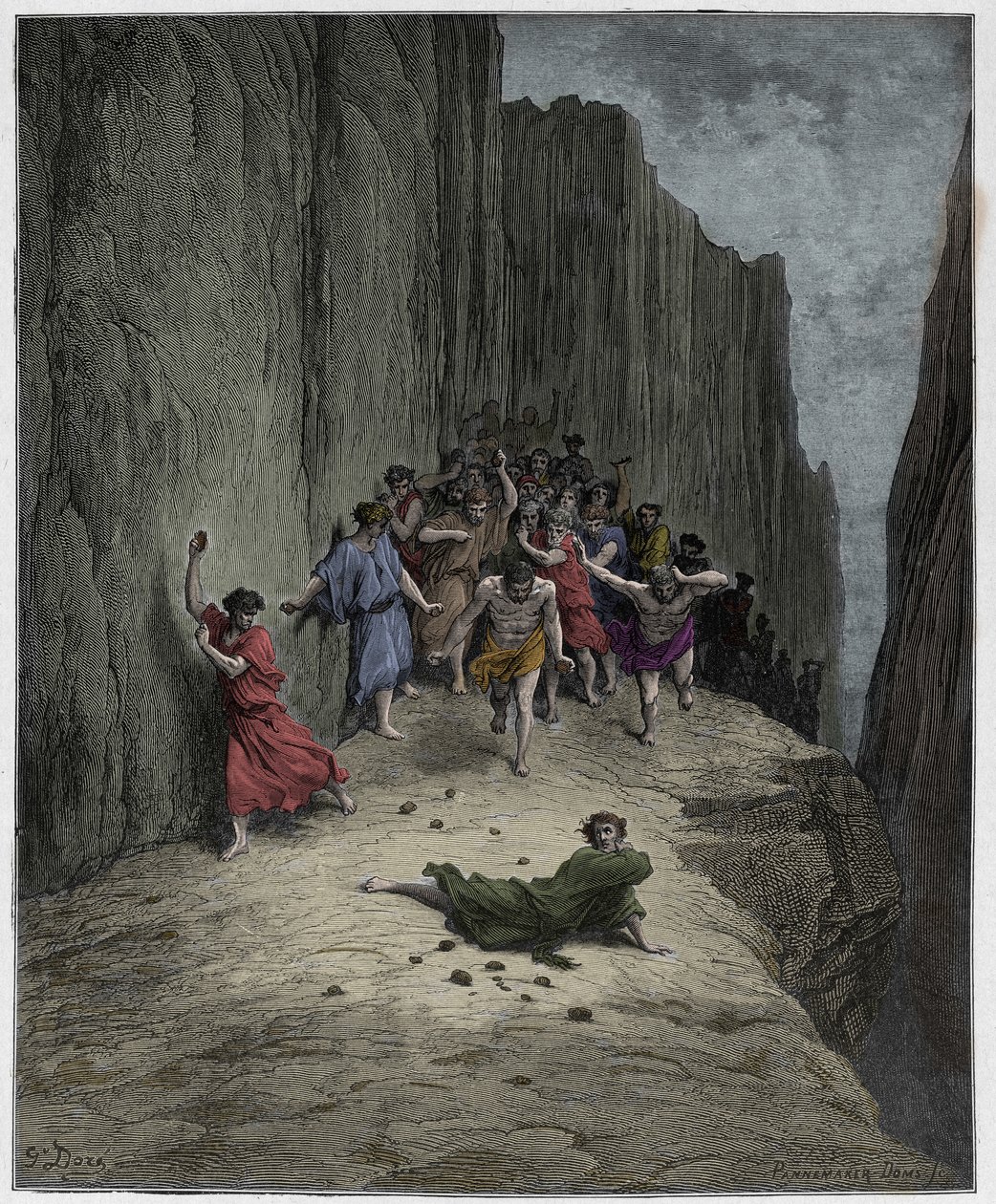 Purgatorio, Gesang 15: Dantes Vision der Steinigung von Stephanus (Heiliger Stephanus), Illustration aus Die Göttliche Komödie von Dante Alighieri, 1885 (digital kolorierte Gravur) von Gustave after Dore