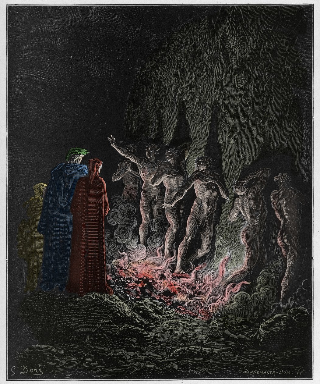 Purgatorio, Gesang 25: Die Lüsternen gehen durch Feuer im siebten Kreis, Illustration aus Die Göttliche Komödie von Dante Alighieri, 1885 (digital kolorierte Gravur) von Gustave after Dore