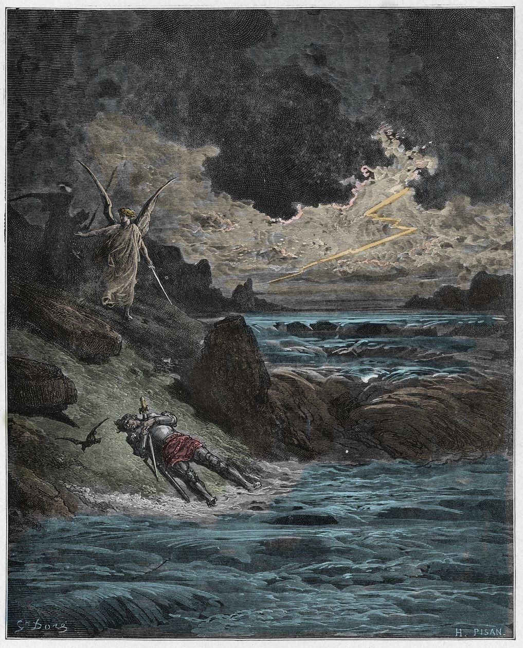 Purgatorio, Gesang 5: Der Körper von Buonconte da Montefeltro im Arno (Illustration aus Die Göttliche Komödie von Dante Alighieri, 1885) von Gustave after Dore