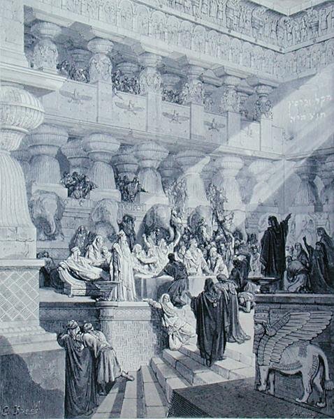 Daniel deutet die Schrift an der Wand, graviert von A. Ligny, ca. 1868 von Gustave (after) Dore