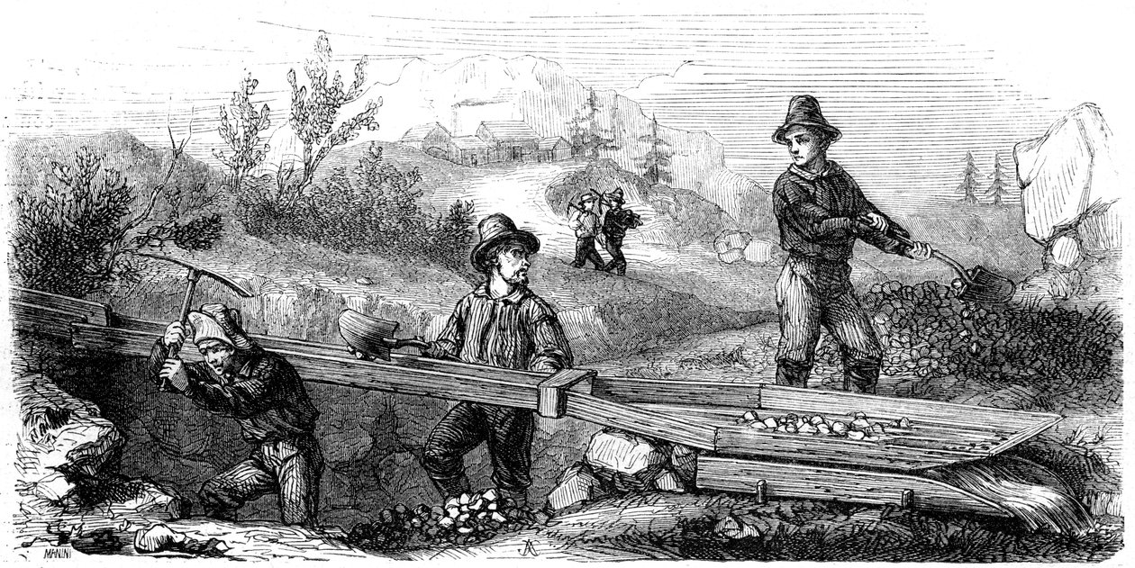 Französische Bergleute arbeiten an einer langen Rinne, Kalifornien, 19. Jahrhundert von Gustave Adolphe Chassevent Bacques