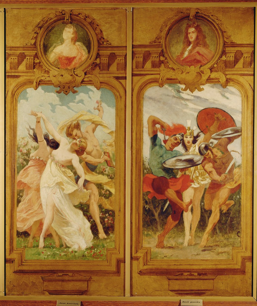 Das Foyer de la Danse hat vier Wandgemälde von Boulanger, die einen Liebestanz, einen Kriegstanz und eine Danse amoureuse zeigen von Gustave Clarence Rodolphe Boulanger