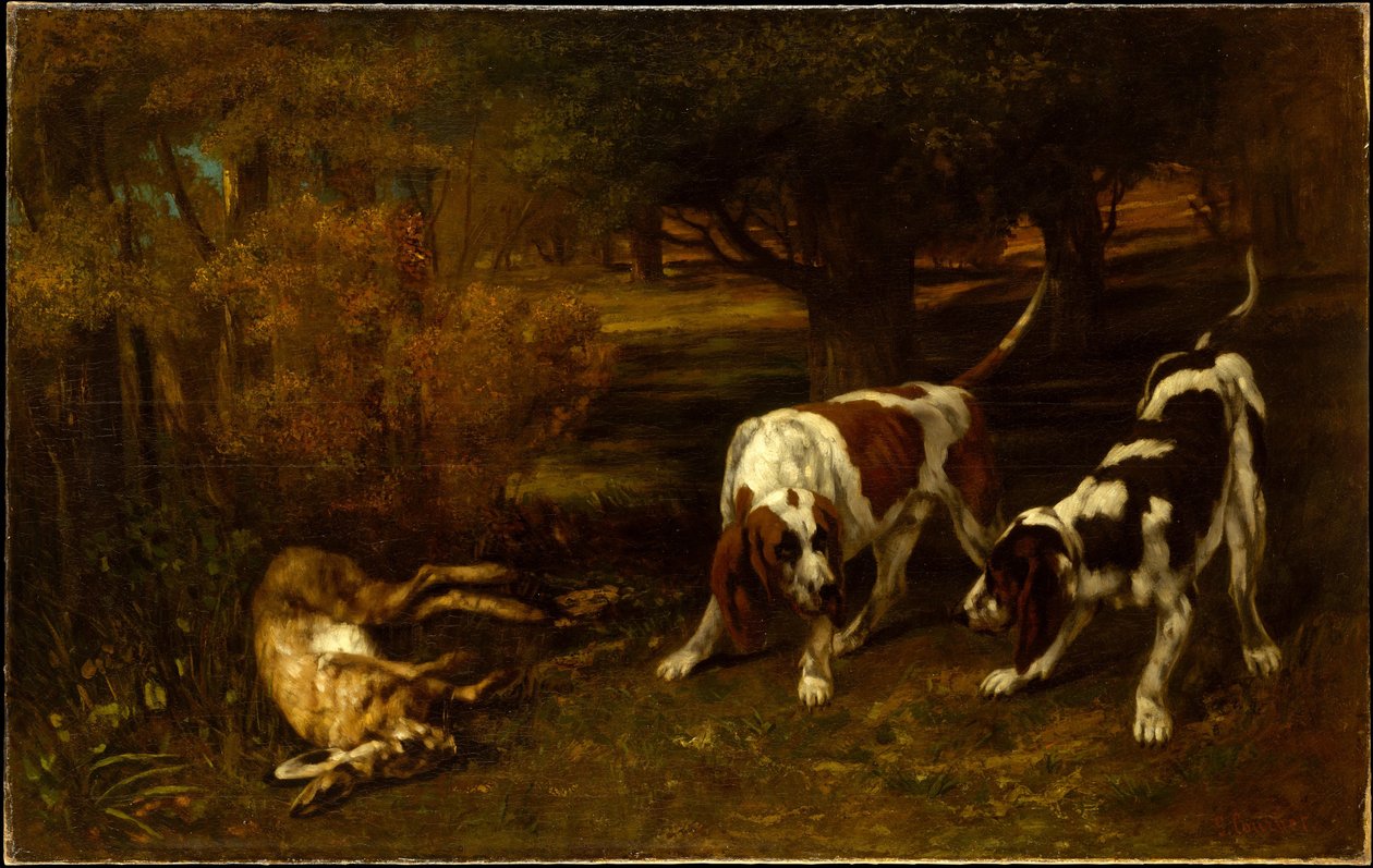Jagdhunde mit totem Hasen von Gustave Courbet