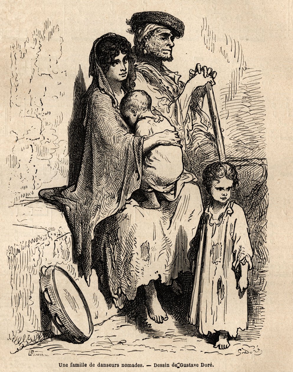 Eine Familie von nomadischen Tänzern ruht sich in den Straßen von Sevilla aus. Skizze von Gustave Doré (1832-1883). Gravur zur Illustration der Reise in Spanien, 1862 von Charles Davillier und Gustave Doré, in „Le tour du monde, nouveau journal des voyages von Gustave Dore