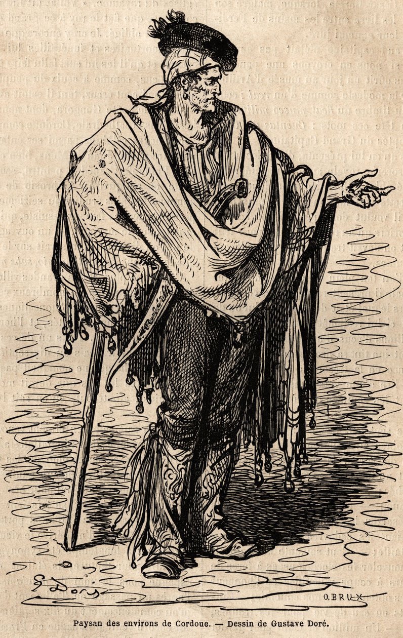 Ein Bauer aus der Region Córdoba. Skizze nach dem Leben von Gustave Doré (1832-1883). Illustration der Reise nach Spanien, 1862, von Charles Davillier und Gustave Doré, in "Le tour du monde, nouveau journal des voyages" von Gustave Dore