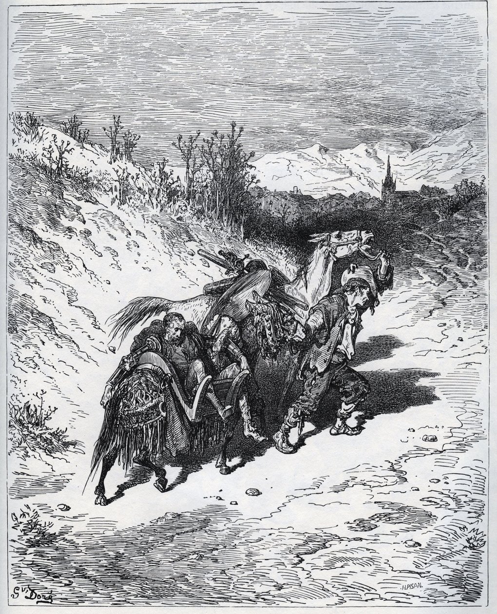 Ein Pflüger bringt Don Quijote und Rossinante ins Dorf zurück - aus "Don Quijote von der Mancha" von Miguel Cervantes von Gustave Dore