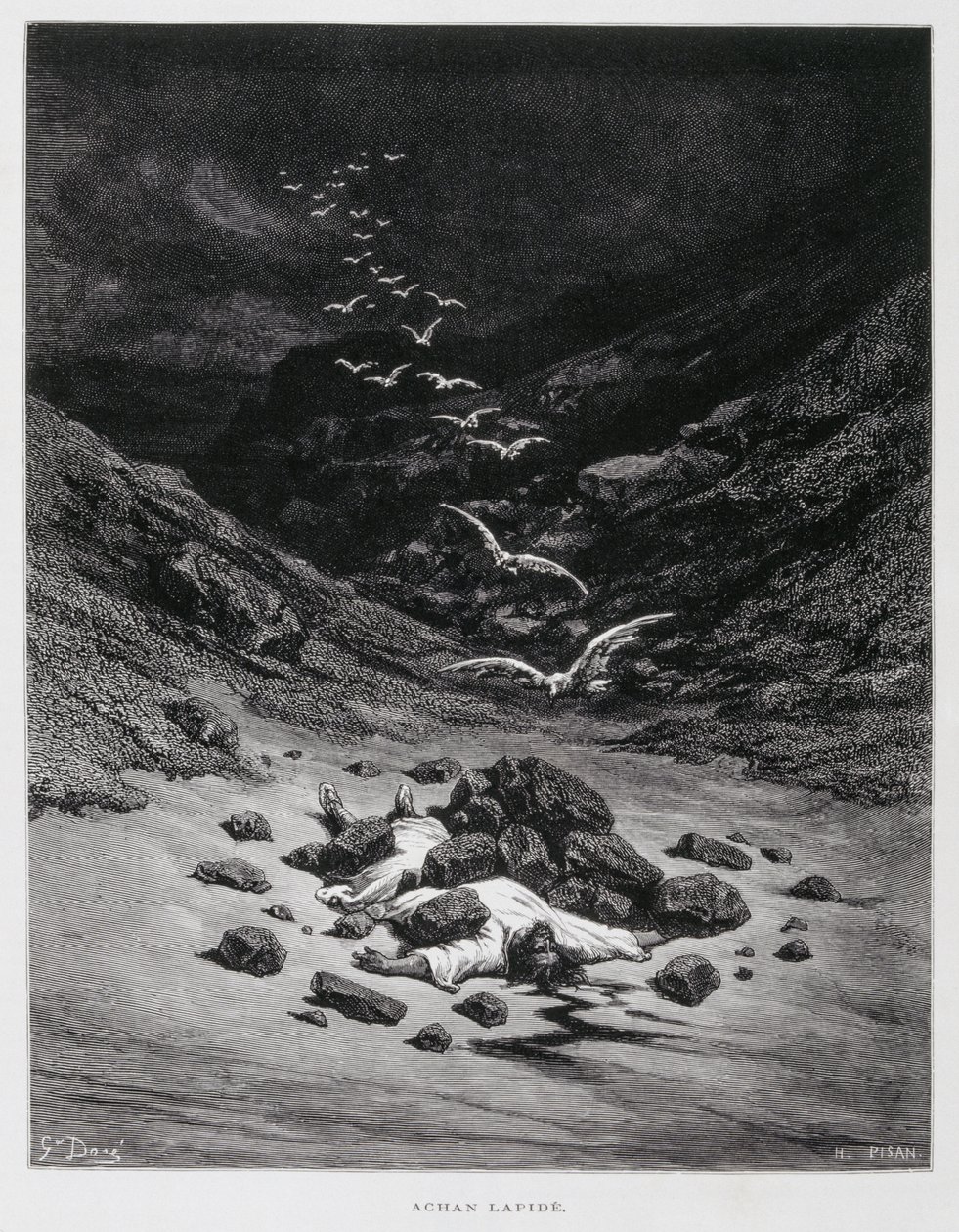 Achan wird gesteinigt (Josua 7:1,10-26), Illustration aus der Dore-Bibel von Gustave Dore