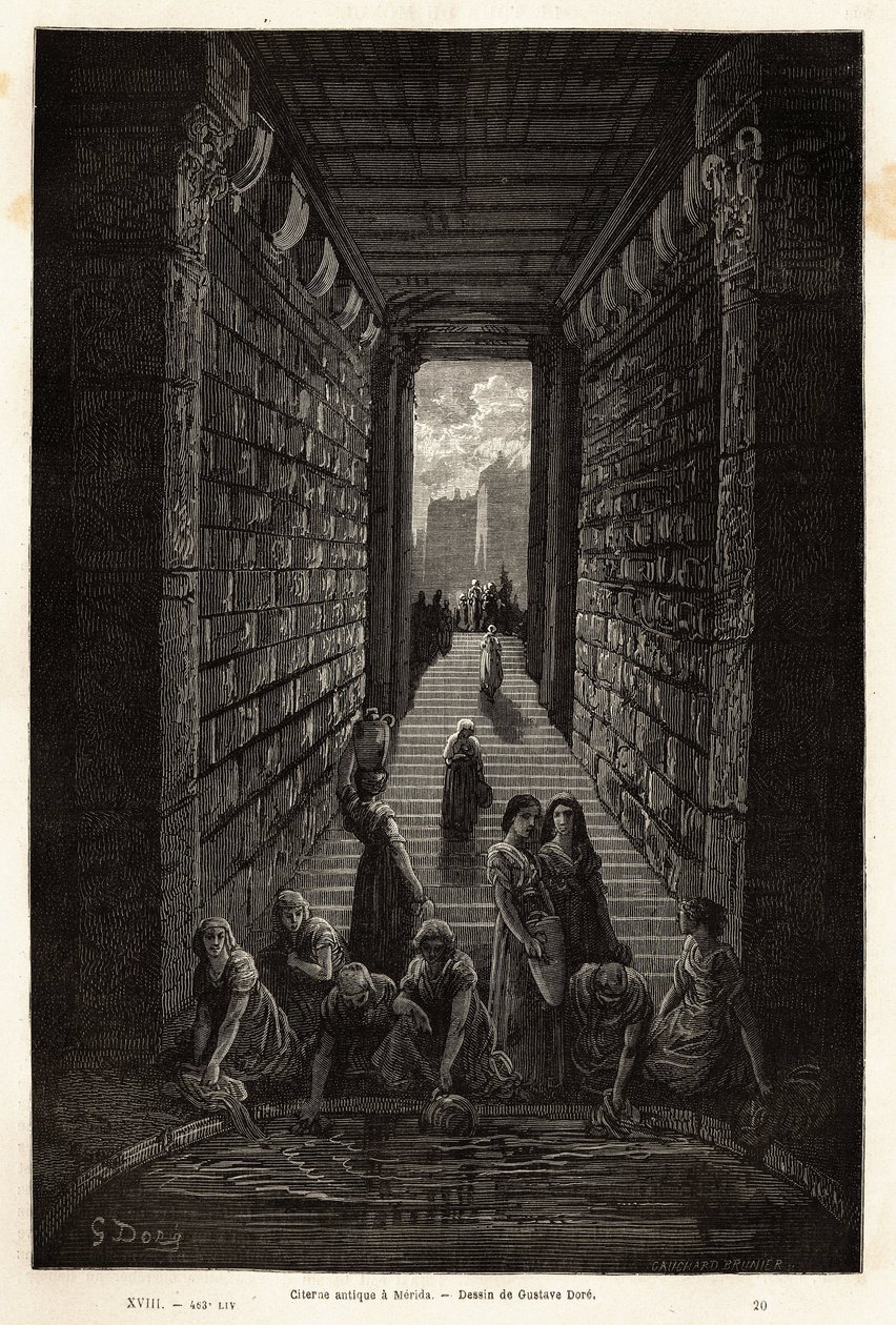 Eine antike Zisterne, noch in Gebrauch, in Merida. Illustration der Reise nach Spanien von Gustave Doré (1832-1883) Illustrator und Baron Ch. Davillier Redakteur, 1862, veröffentlicht in "Le tour du monde, nouveau journal des voyages" von Gustave Dore