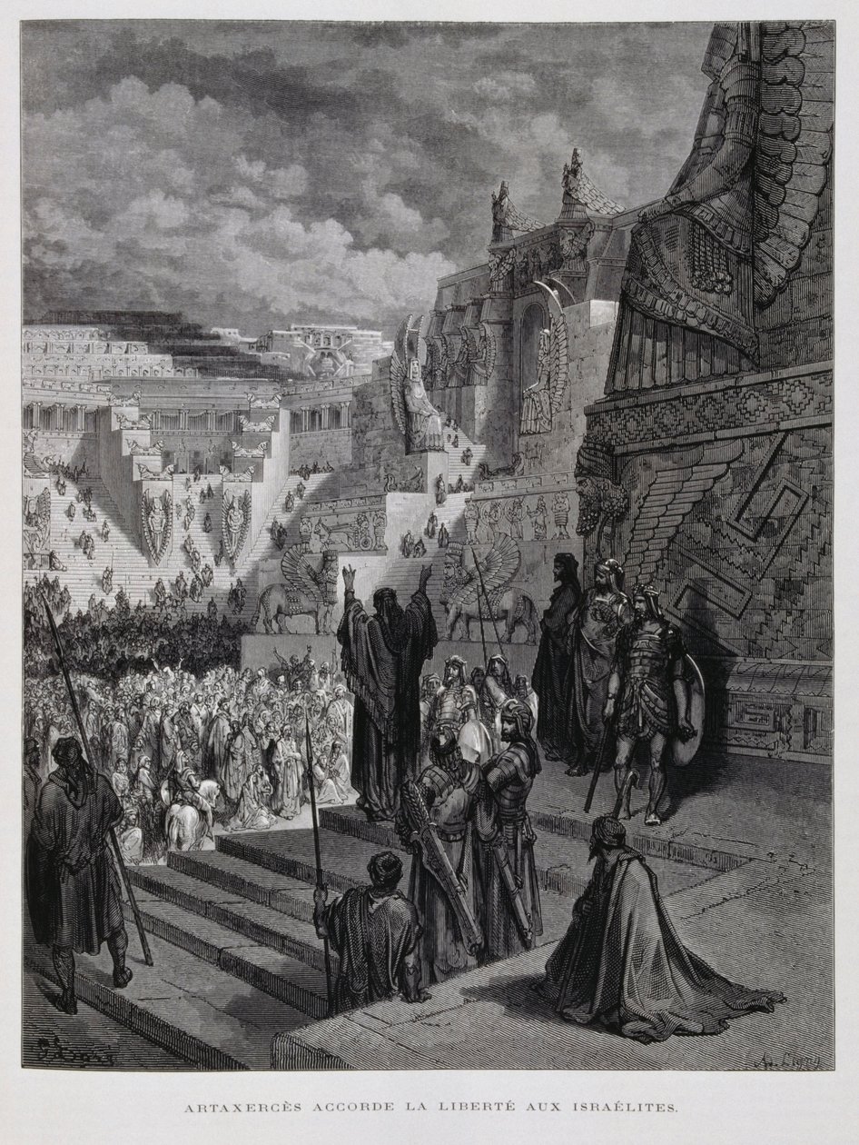 Artaxerxes gewährt den Juden in Persien Freiheit, Illustration aus der Dore-Bibel von Gustave Dore