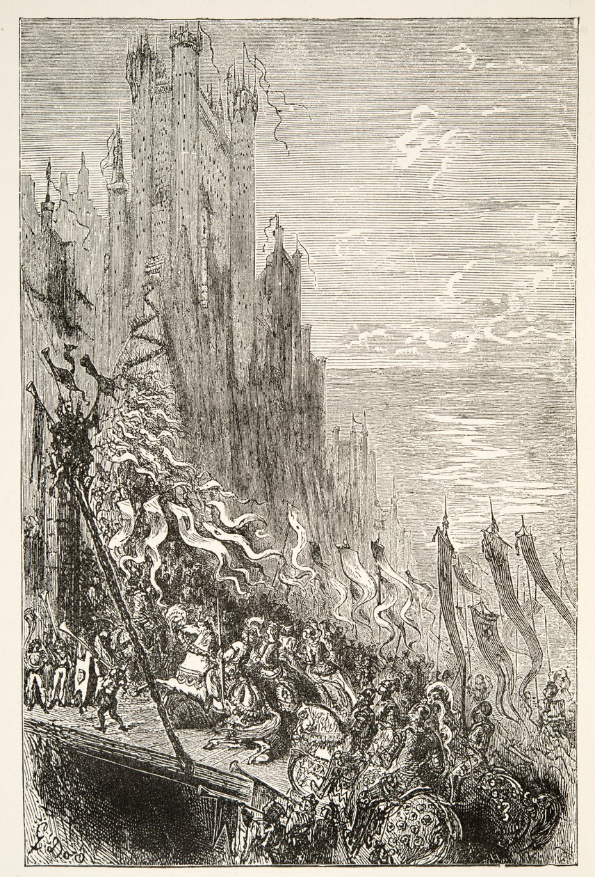 In der Stadt der Gräfin des Brunnens, aus Geschichten der Tage von König Artus von Charles Henry Hanson, veröffentlicht 1898 von Gustave Dore