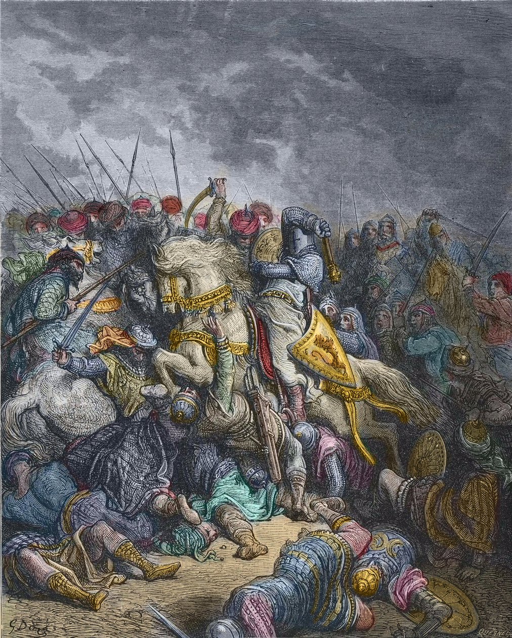 Schlacht von Arsuf - Richard I. Löwenherz (1157-1199), König von England, nimmt am 3. Kreuzzug teil - Richard Löwenherz in der Schlacht von Arsuf (1191), Dritter Kreuzzug, Gravur von Gustave Doré - aus 