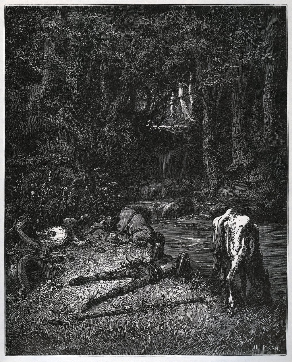 Biwak im Wald - Verzaubert von der Schönheit des Ortes beschlossen sie, dort die Stunden des Nickerchens zu verbringen - aus „Don Quixote de la Mancha“ von Miguel Cervantes (1547-1616) - Holzschnitt nach einer Zeichnung von Gustave Dore von Gustave Dore
