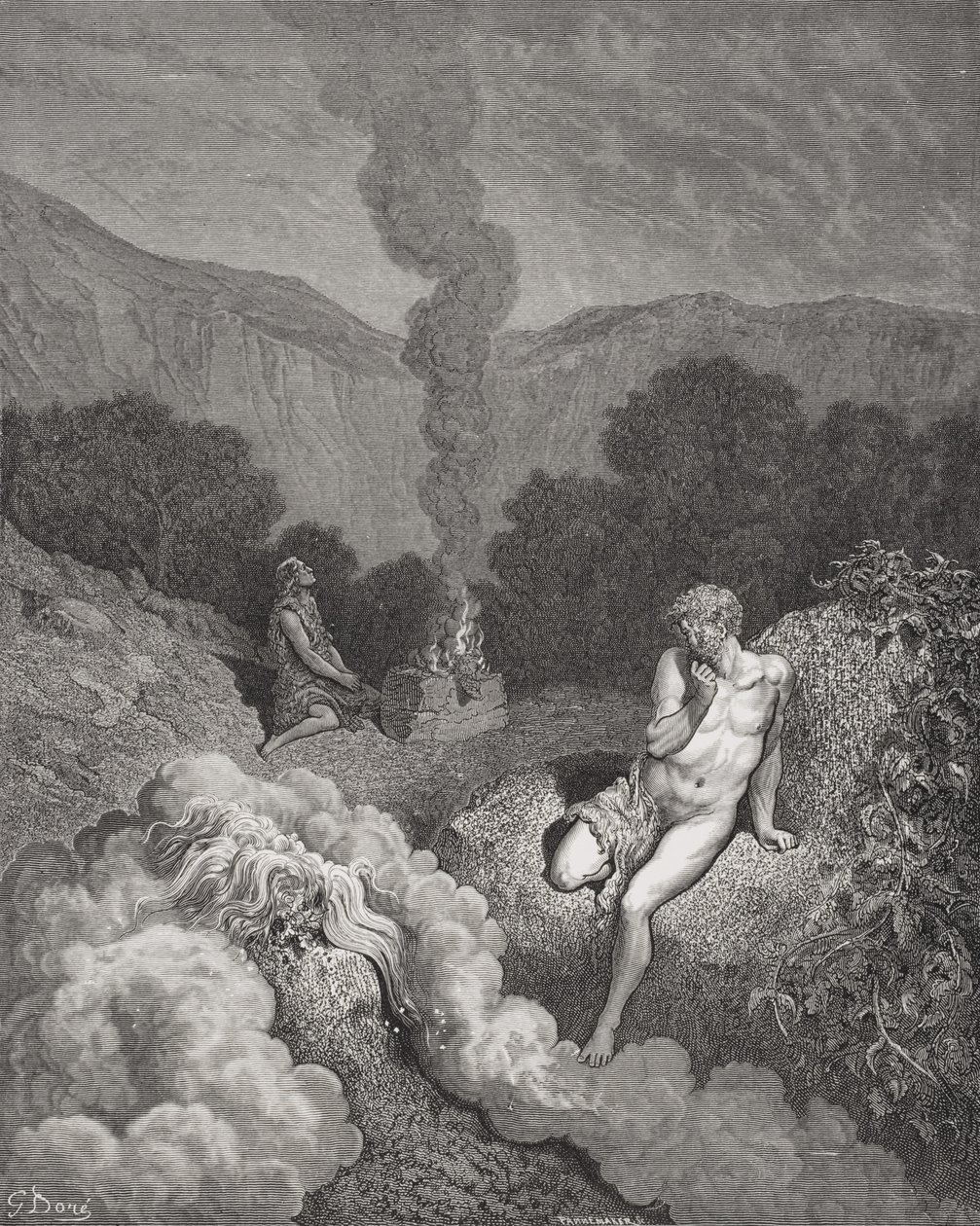 Kain und Abel bringen ihre Opfer dar, Illustration aus Dores 