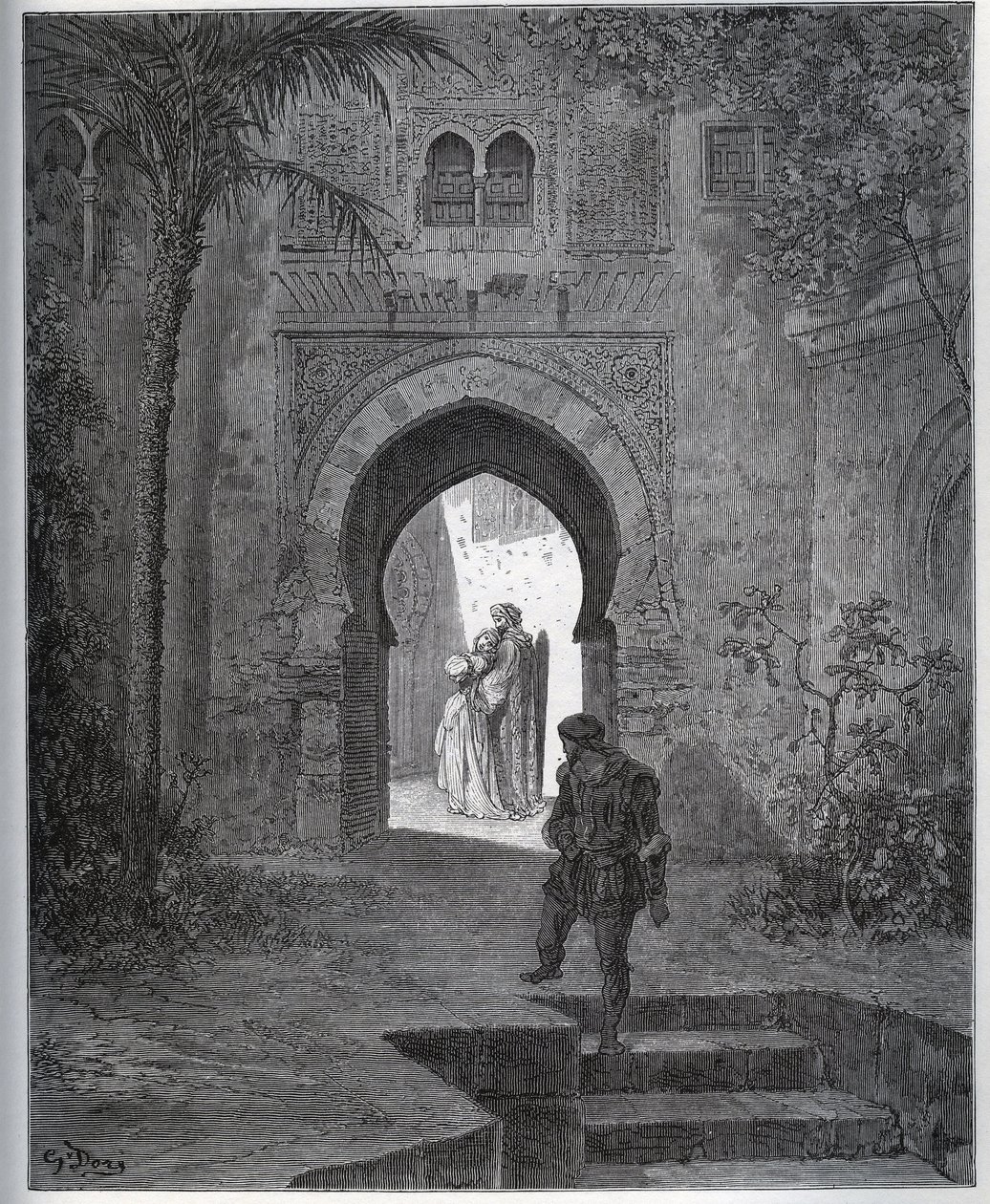 Gefangenen-Geschichte. Erstes Treffen des Gefangenen mit Zoraide im Garten des Vaters, der sie nach seinem Ohnmachtsanfall zurückbringt - aus "Don Quijote von der Mancha" von Miguel Cervantes von Gustave Dore
