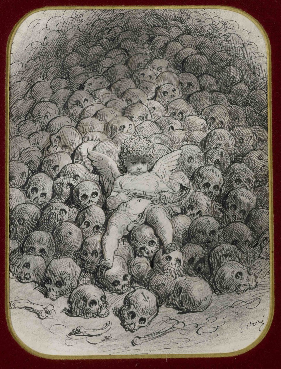 Cupidon mit einer Pistole auf einem Berg von Totenköpfen von Gustave Dore