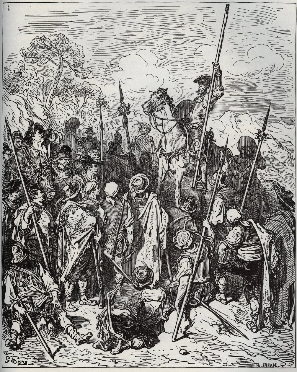 Don Quijote und Sancho mit der Truppe der schreienden Dorfbewohner - aus „Don Quijote de la Mancha“ von Miguel Cervantes (1547-1616) - Holzschnitt nach einer Zeichnung von Gustave Doré von Gustave Dore