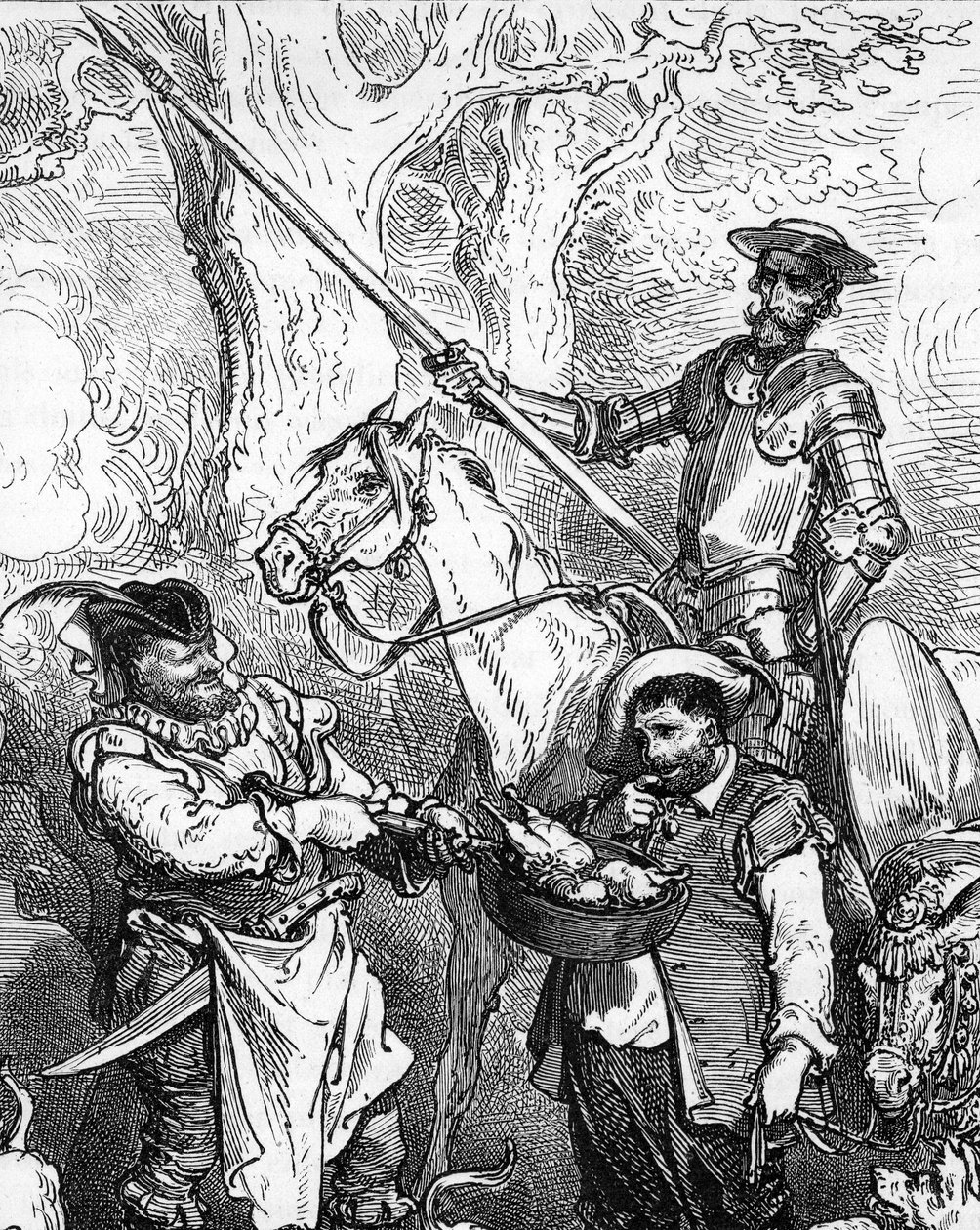Don Quijote, wirft von Hand und reitet auf seinem Pferd Rosinante, bereit für ein Abenteuer. Sein treuer Knappe, der Feinschmecker Sancho Panza, zögert vor einem guten Fleischgericht. Detail einer Gravur von Gustave Doré von Gustave Dore