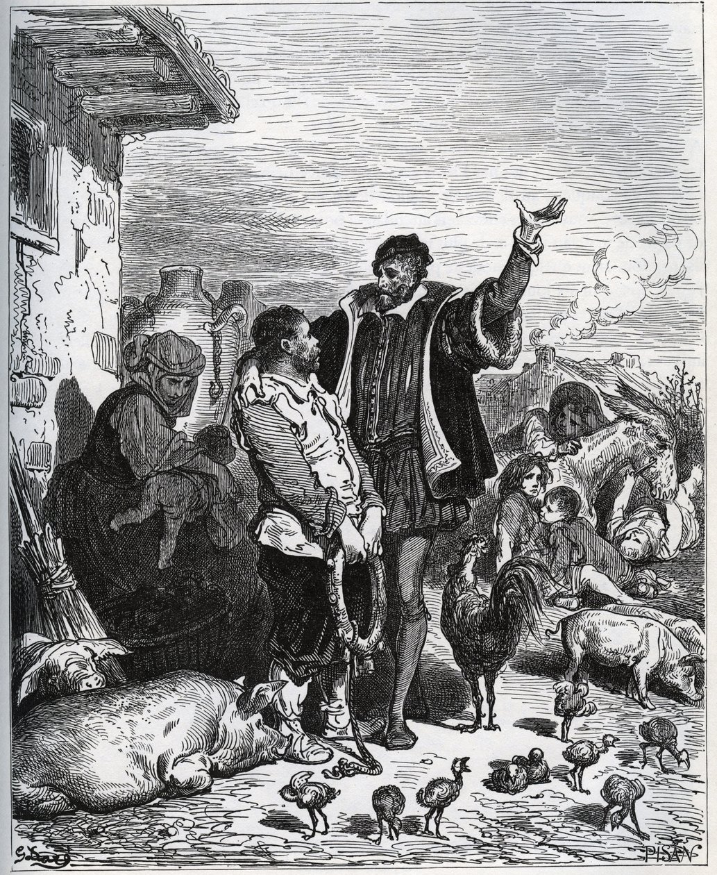 Don Quijote überzeugt seinen Nachbarn Sancho Panza, sein Knappe zu sein - aus "Don Quijote von der Mancha" von Miguel Cervantes von Gustave Dore