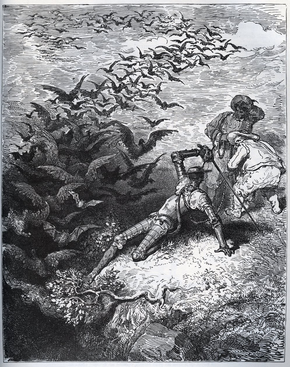 Don Quijote in der Höhle von Montesinos - Eine unendliche Anzahl von Krähen und Raben fliegt aus der Höhle und wirft Don Quijote zu Boden (II, 22) - aus „Don Quijote de la Mancha“ von Miguel Cervantes - Holzschnitt nach einer Zeichnung von Gustave Dore