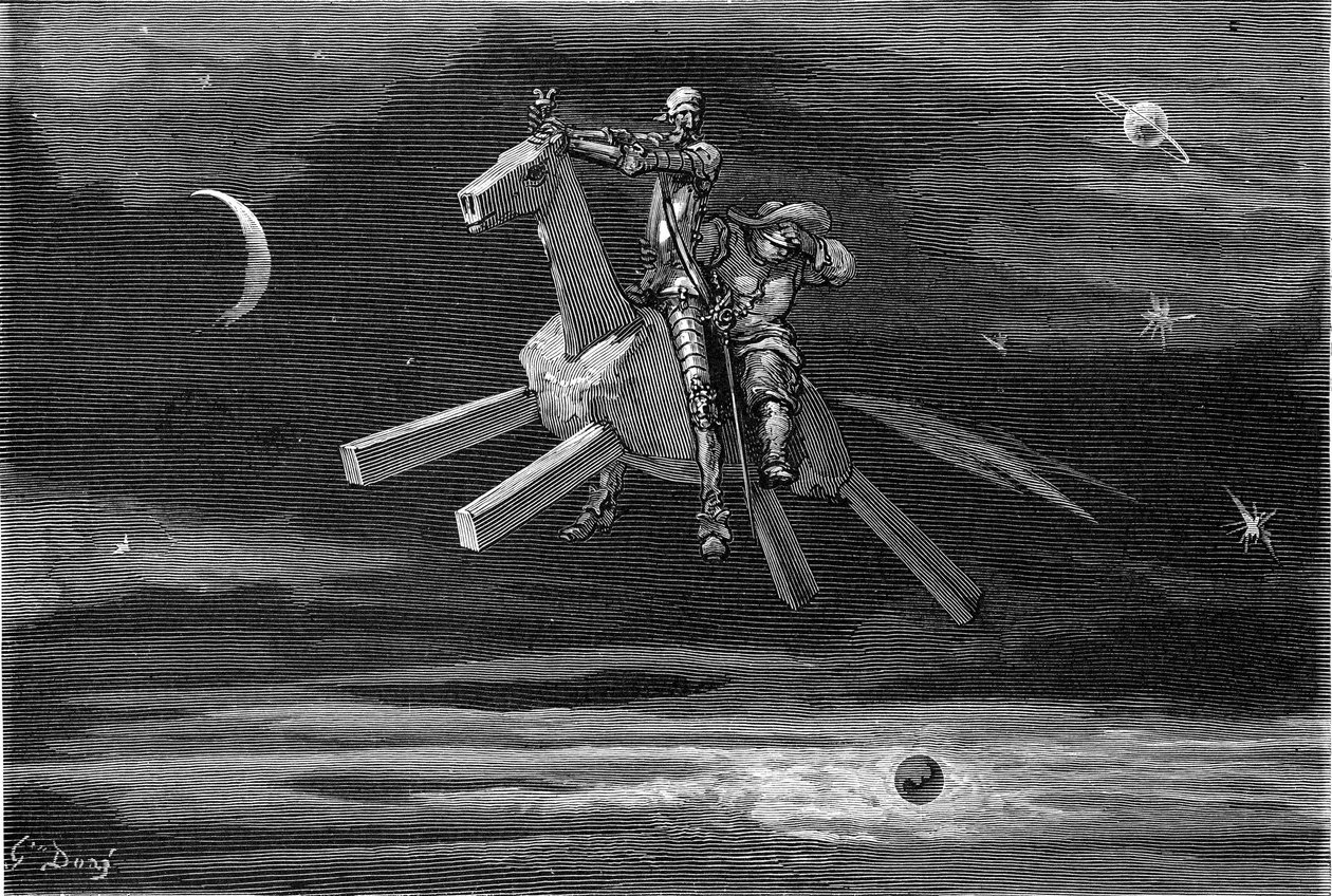 Don Quijote und Sancho Panza im Himmel, zwischen Mond und Sternen, reiten auf dem Holzpferd Clavilegne. Gravur von Gustave Doré zur Illustration der Hachette-Ausgabe von 1869 des Buches „Der sinnreiche Junker Don Quijote von der Mancha“ von Gustave Dore