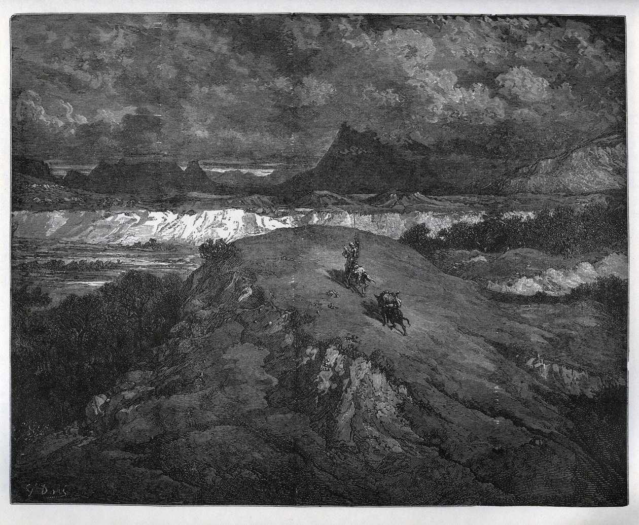 Don Quijote und Sancho Panza setzen ihre Abenteuer in einer bergigen Region, Sierra Morena, fort - aus „Don Quijote von der Mancha“ von Miguel Cervantes (1547-1616) - Holzschnitt nach einer Zeichnung von Gustave Doré von Gustave Dore