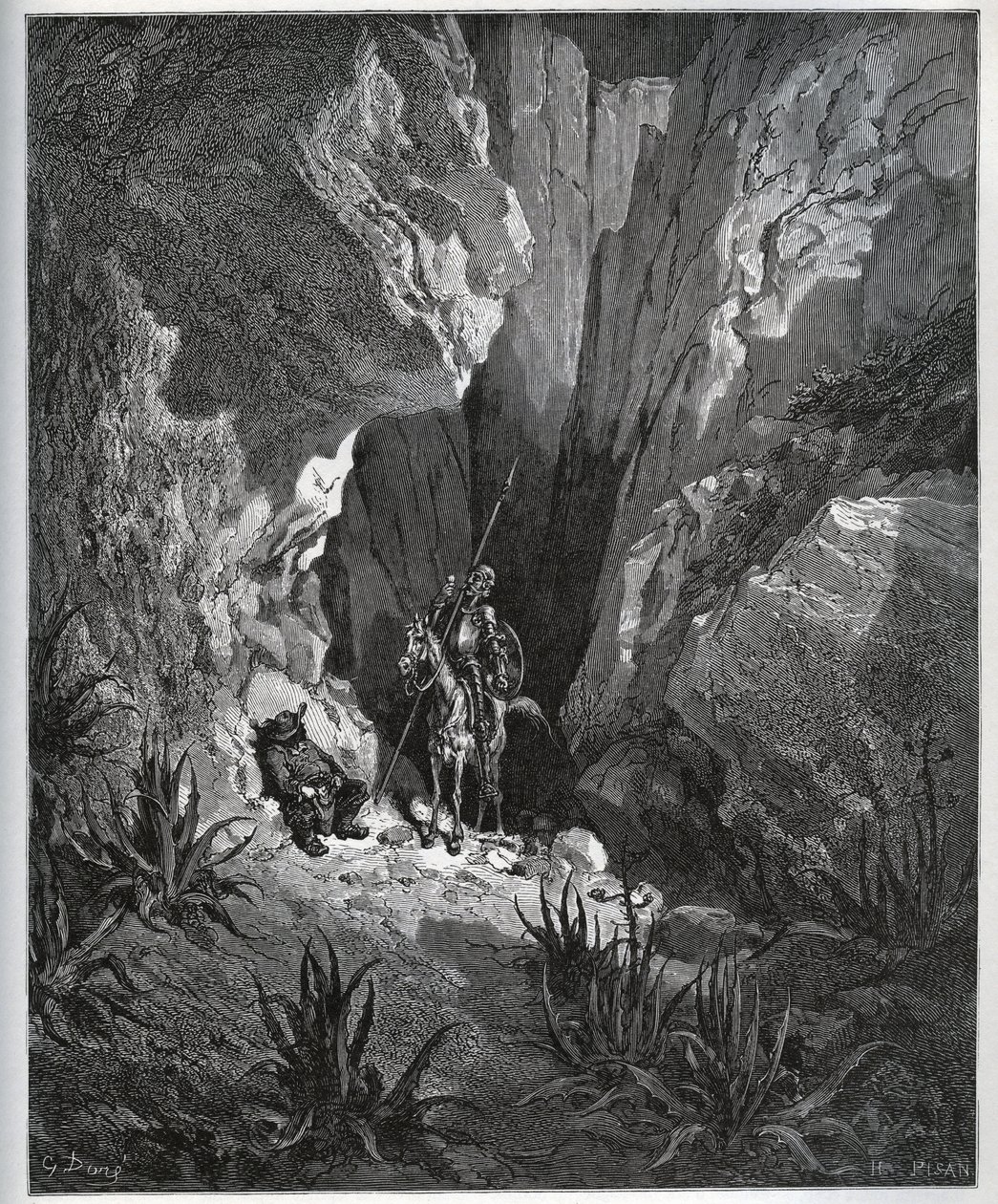 Don Quixote und Sancho Panza finden die Sachen eines Reisenden - aus „Don Quixote de la Mancha“ von Miguel Cervantes (1547-1616) - Holzschnitt nach einer Zeichnung von Gustave Doré von Gustave Dore